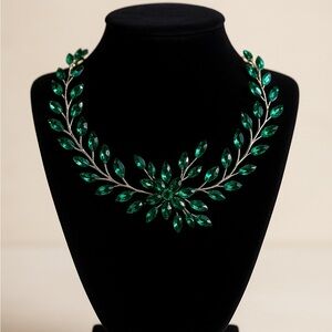 Emerald Green Crystal Leaf Vine Statement Necklace